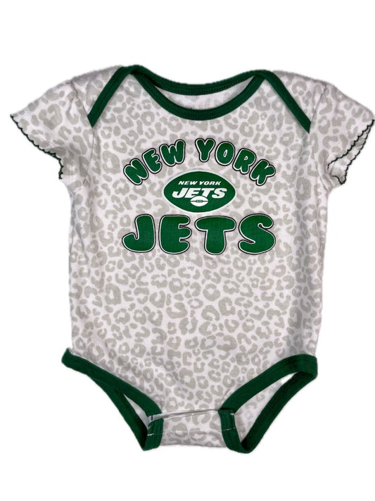 18 mo, NFL, White, NY Jets short-sleeve leopard print bodysuit, scallop thread sleeve, green