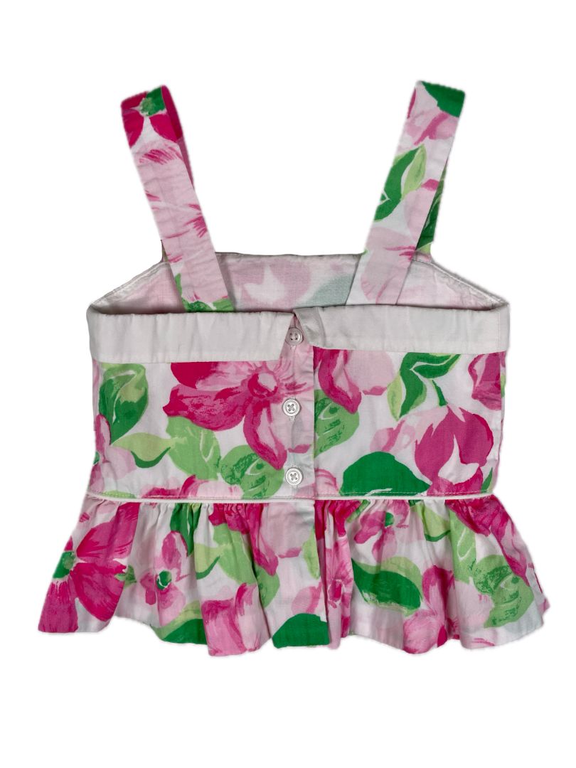 6-12 mo, Janie and Jack, White, Sleeveless floral peplum blouse, button back, pink/green