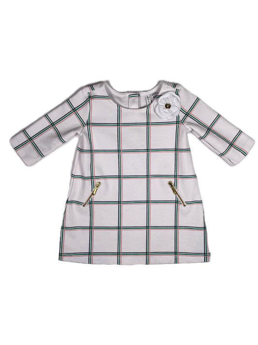 12-18 mo, Janie and Jack, White, Long-sleeve windowpane plaid dress w/ zippers, appliqué flower + bloomers SET
