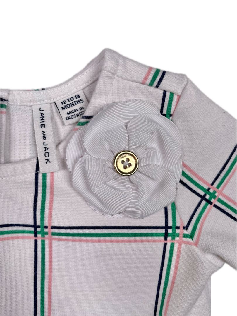 12-18 mo, Janie and Jack, White, Long-sleeve windowpane plaid dress w/ zippers, appliqué flower + bloomers SET
