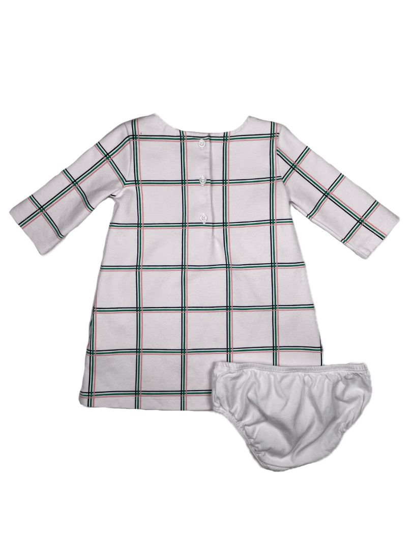 12-18 mo, Janie and Jack, White, Long-sleeve windowpane plaid dress w/ zippers, appliqué flower + bloomers SET