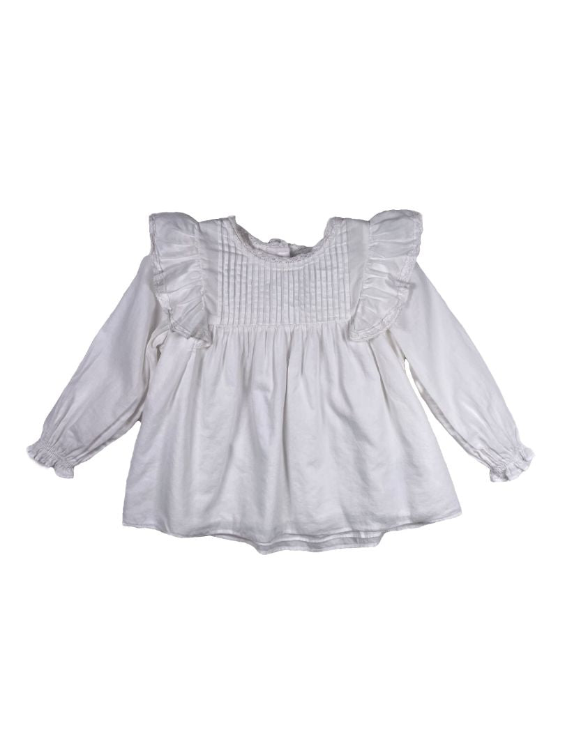 12 mo, Ralph Lauren, White, Breezy cotton long-sleeve blouse, ruffles at shoulders & pleated yoke