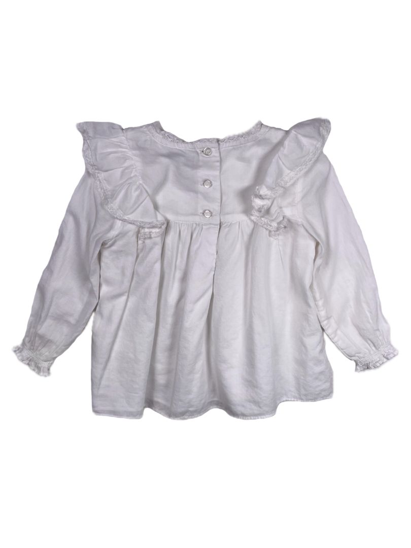 12 mo, Ralph Lauren, White, Breezy cotton long-sleeve blouse, ruffles at shoulders & pleated yoke
