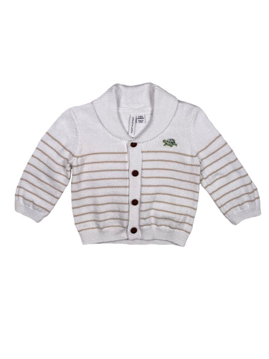 3-6 mo, Janie and Jack, White, Shawl collar tan-striped cardigan w/ turtle