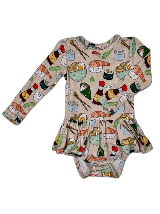 6-12 mo, Bums & Roses, Neutral, Sushi print long-sleeve bamboo dress w/ bodysuit