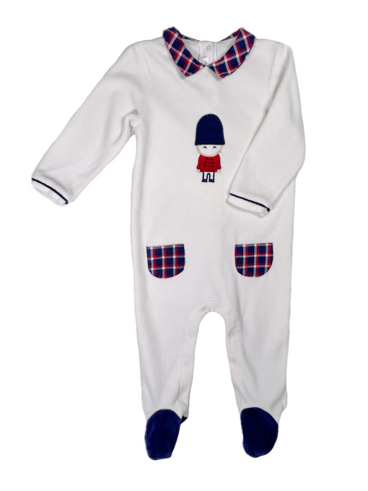 12 mo, Mayoral, White, London guard fleece long-sleeve footed coverall, red/blue plaid accents