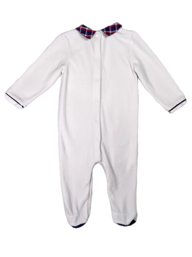 12 mo, Mayoral, White, London guard fleece long-sleeve footed coverall, red/blue plaid accents
