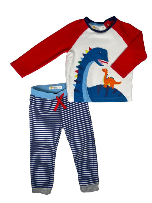 18-24 mo, Boden, Blue, Appliqué dinosaurs baseball shirt + striped drawstring sweatpants SET