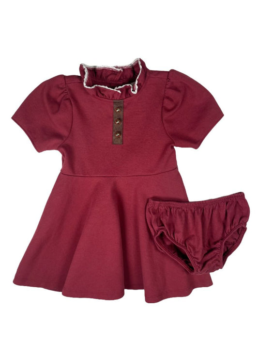 12-18 mo, Janie and Jack, Purple, Ruffle collar equestrian ponte dress, faux suede & gold buttons at chest, lace trim + bloomers SET