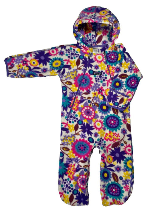 12 mo, Patagonia, Purple, Hooded floral fleece bunting, zips on legs, side, & front