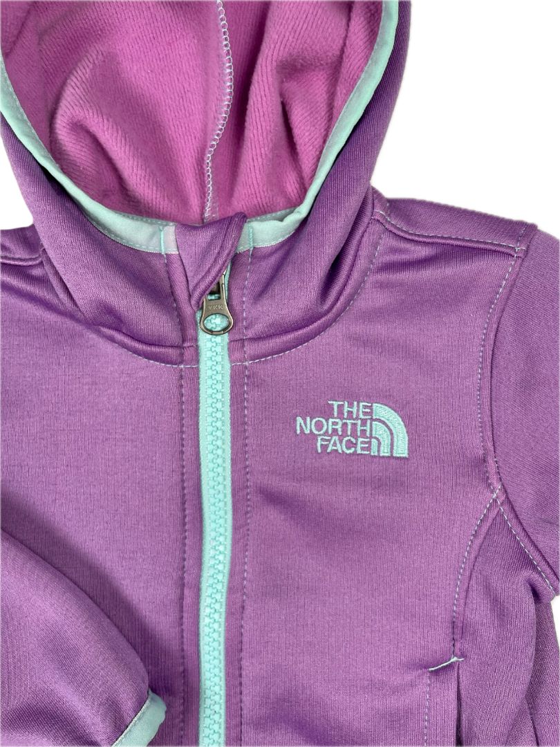 3-6 mo, The North Face, Purple, Hooded zip-up track jacket, aqua zipper & trim