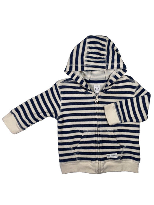 6-12 mo, babyGap, Cream, Navy striped zip-up hoodie, front pocket