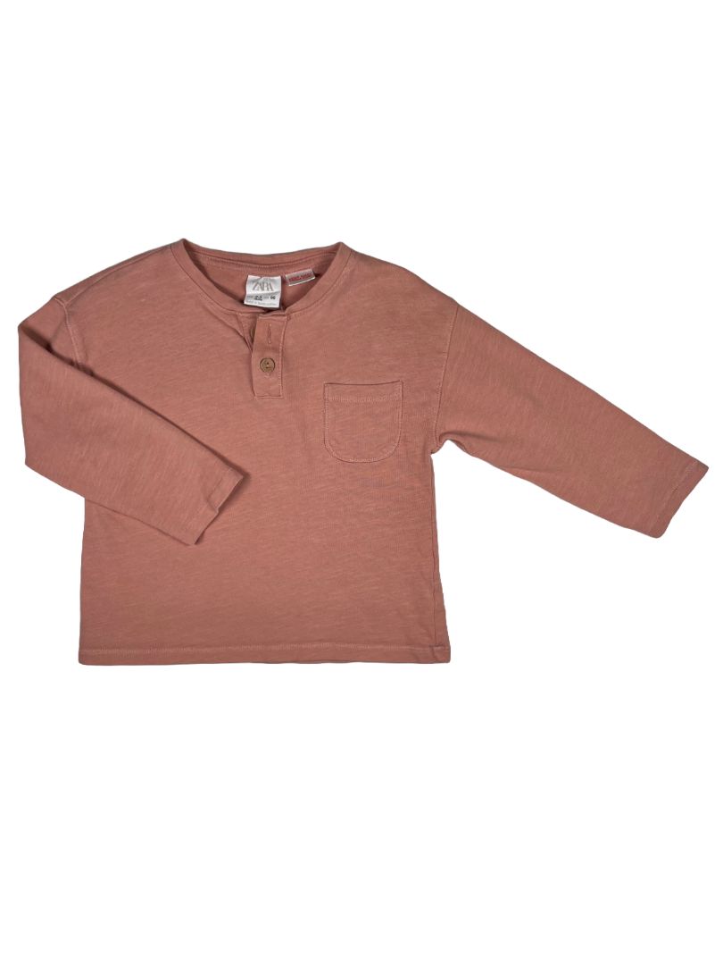 2-3, Zara, Pink, Long-sleeve henley shirt w/ pocket