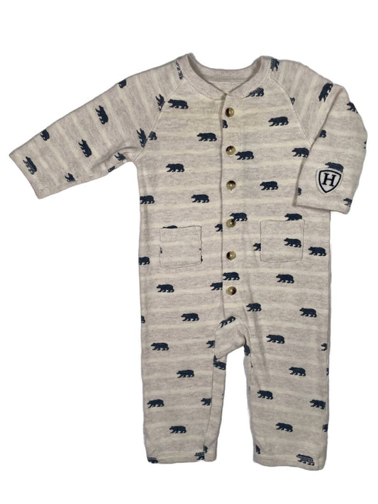 3-6 mo, Hatley, Cream, Striped navy bear print button-up coverall