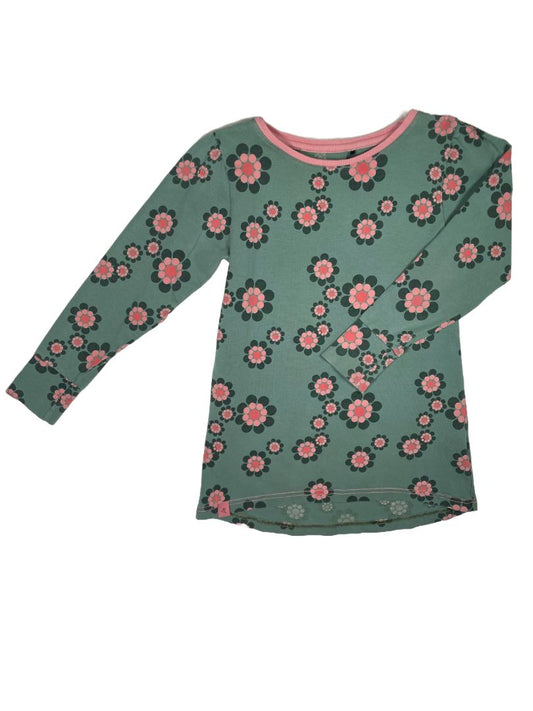 3-4, Alba of Denmark, Green, Long-sleeve dress, pink circle flowers, cotton + stretch