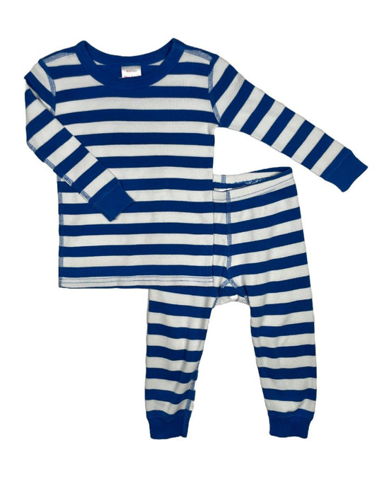 2/2T, Hanna Andersson, White, Blue-striped long-sleeve shirt + pants pajama SET