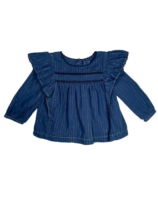 2/2T, babyGap, Blue, Blouse w/ silver thread, long-sleeve, ruffles at shoulders