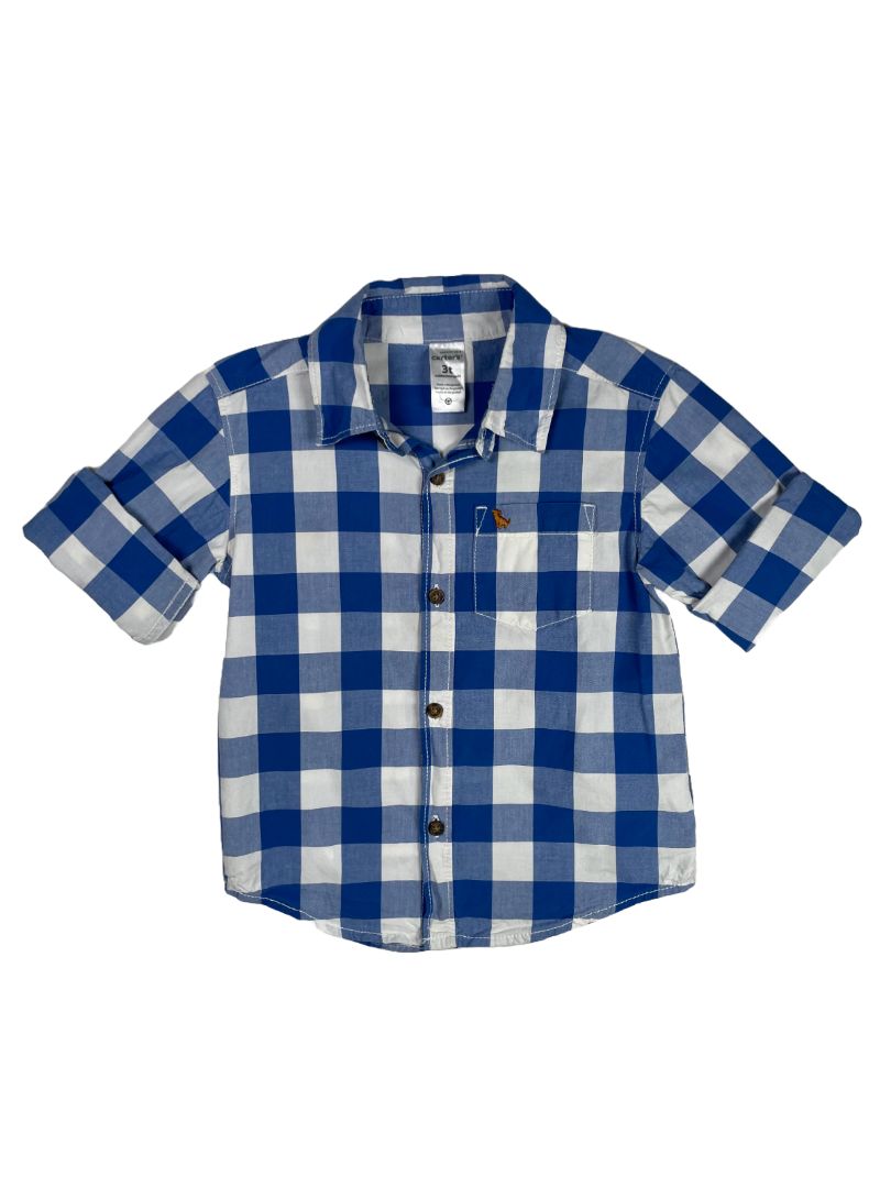 3/3T, Carter's, Blue, Large gingham print button-up shirt, dog emblem, white