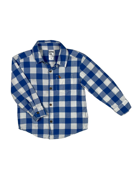 3/3T, Carter's, Blue, Large gingham print button-up shirt, dog emblem, white