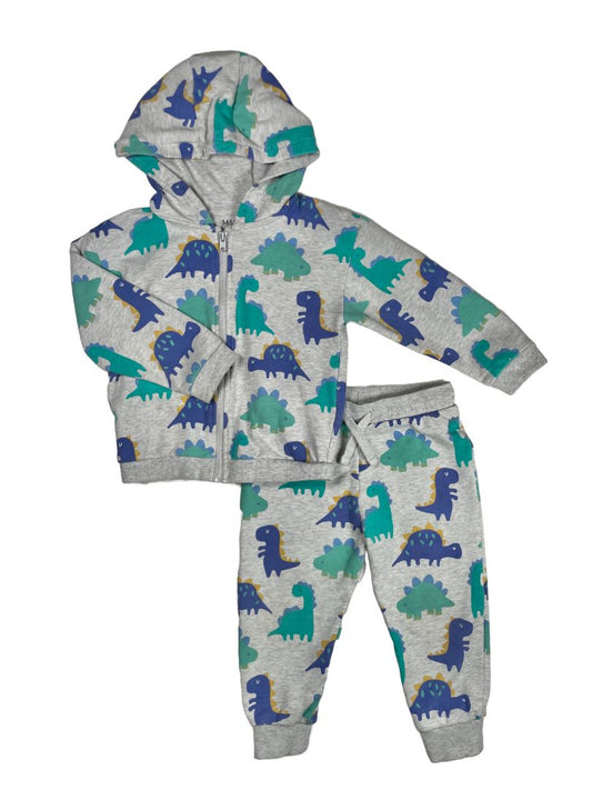 18-24 mo, M&S, Grey, Blue/green dinosaur zip-up hoodie + drawstring sweatpants SET