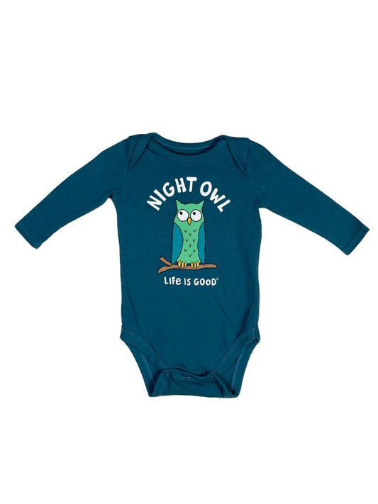 3-6 mo, Life is Good, Blue, Night Owl long-sleeve bodysuit