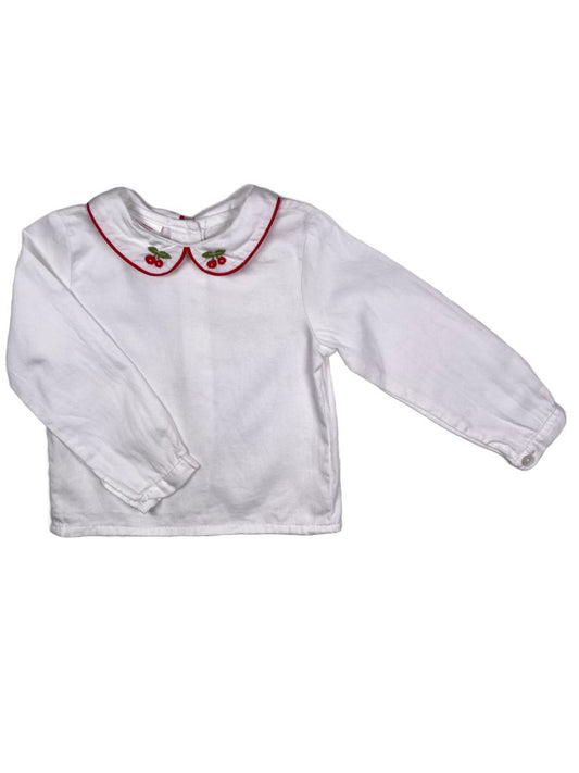 6 mo, Creation Imaho, White, Long-sleeve blouse w/ red piped peter pan collar, embroidered cherries