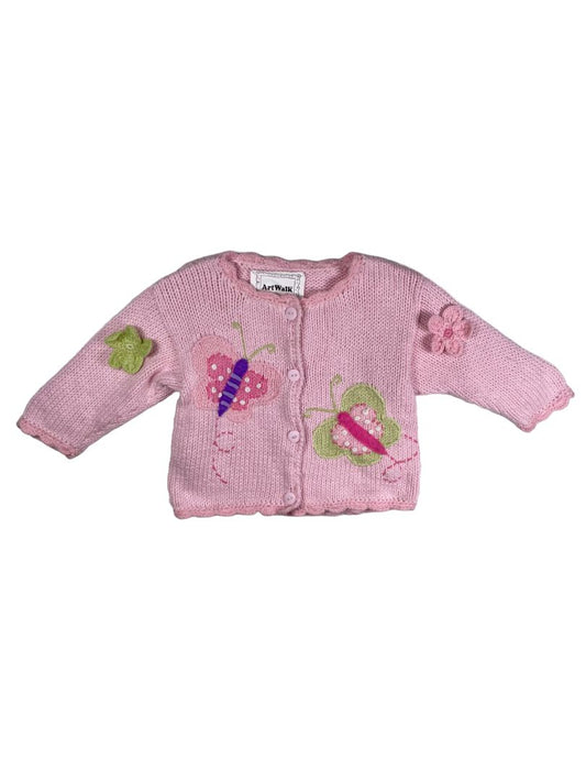 12 mo, Art Walk, Pink, Butterflies cotton button-up sweater, appliqué flowers