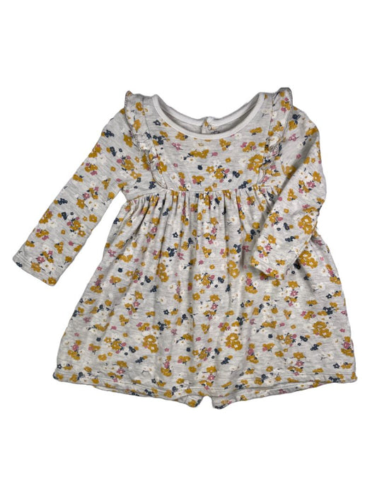 18 mo, Petit Bateau, Grey, Yellow/pink floral long-sleeve heavy cotton dress, silver lined ruffles at chest
