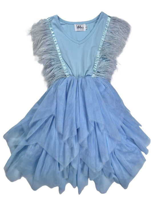 6, Lola + The Boys, Blue, Sleeveless dress with feathers at chest and tiered handkerchief tulle skirt