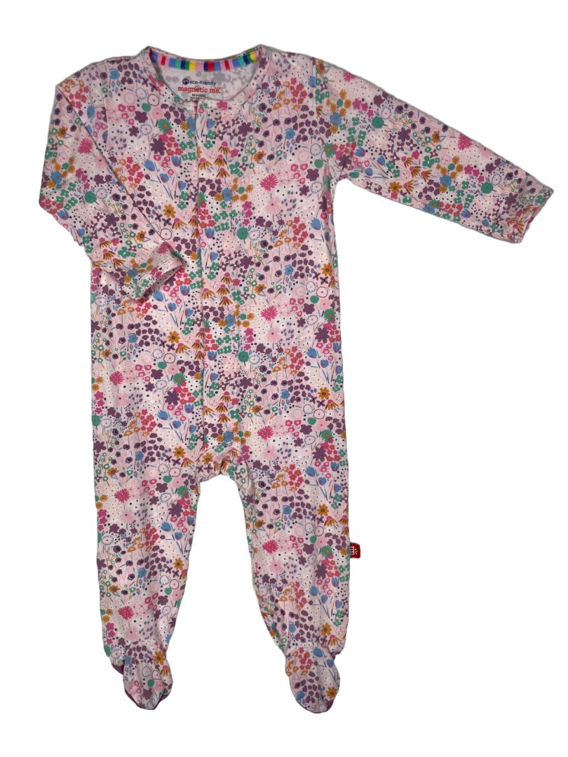 6-9 mo, Magnetic Me, Pink, Floral long-sleeve footed sleeper, magnetic closure, purple/blue/green