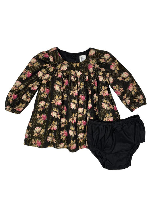 6-12 mo, babyGap, Black, Rose dress w/ vertical gold metallic thread + bloomers SET