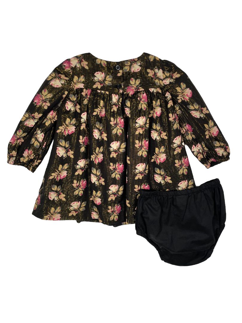6-12 mo, babyGap, Black, Rose dress w/ vertical gold metallic thread + bloomers SET