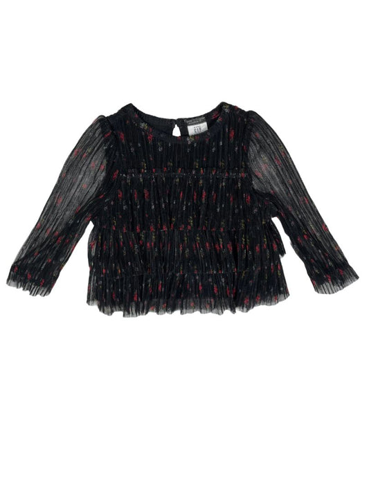 6-12 mo, babyGap, Black, Floral long-sleeve tiered pleated tulle blouse
