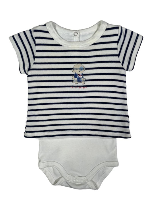 3 mo, Petit Bateau, White, Short-sleeve navy striped layered bodysuit w/ puppy