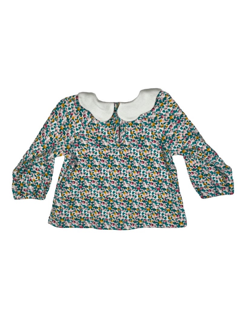 6 mo, Petit Bateau, White, Citrus print long-sleeve shirt w/ white scalloped collar