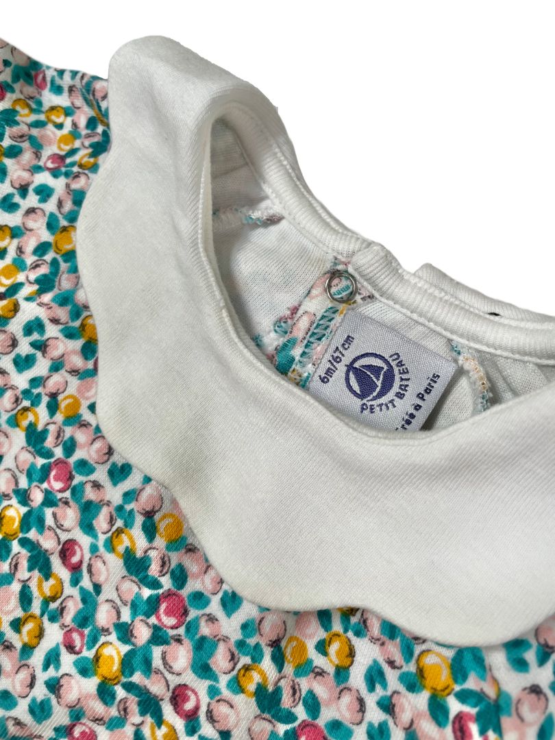 6 mo, Petit Bateau, White, Citrus print long-sleeve shirt w/ white scalloped collar