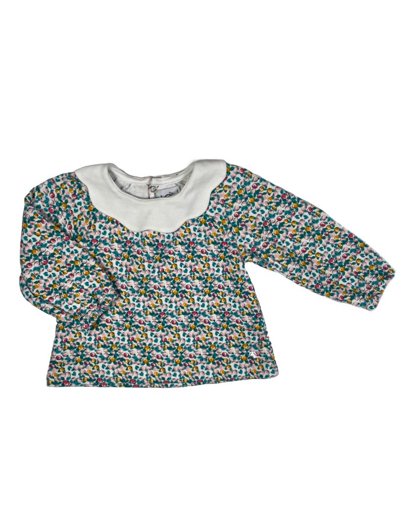 6 mo, Petit Bateau, White, Citrus print long-sleeve shirt w/ white scalloped collar