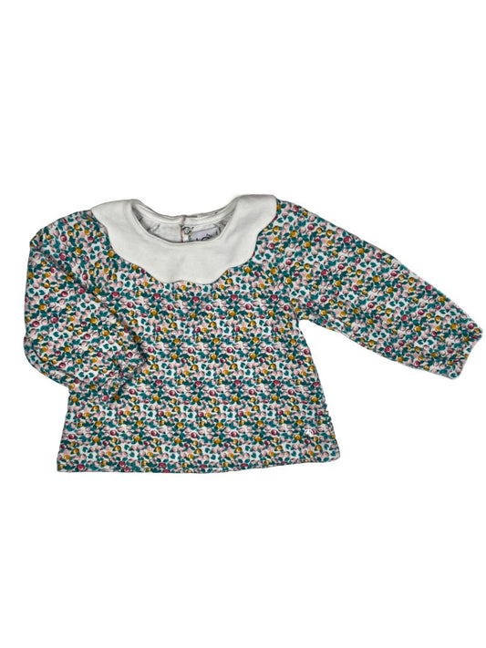 6 mo, Petit Bateau, White, Citrus print long-sleeve shirt w/ white scalloped collar