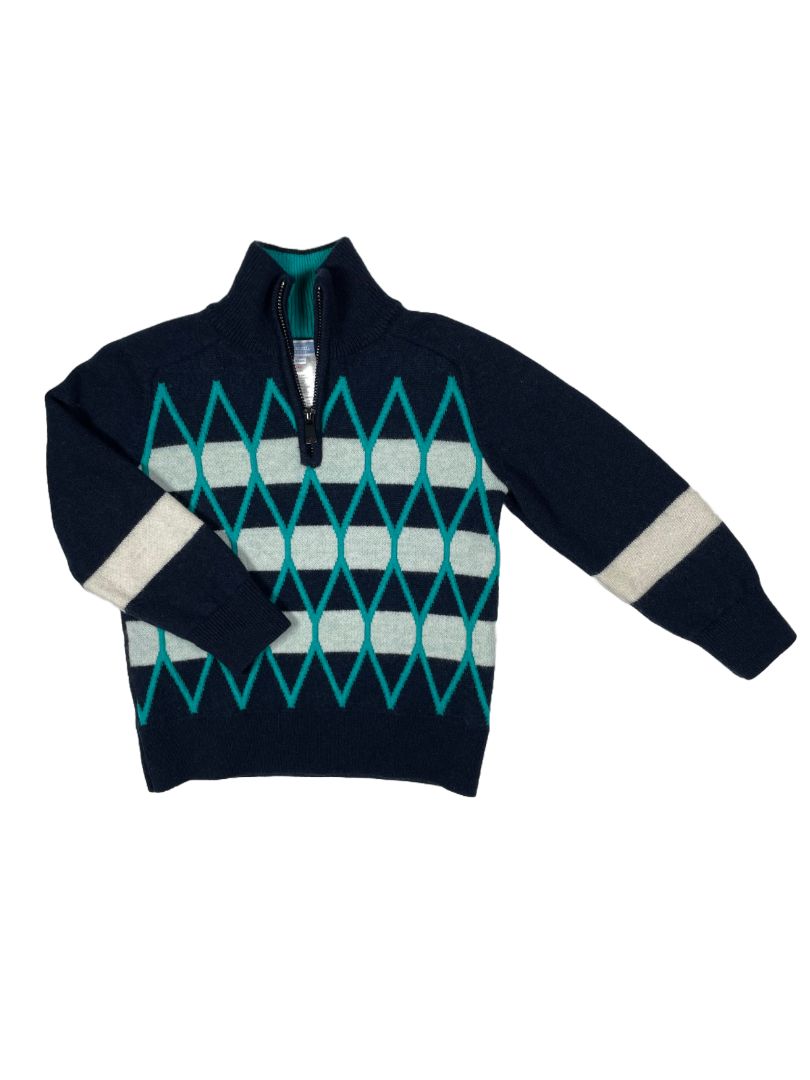 3/3T, Jacadi, Blue, Quarter-zip sweater, teal diamonds & white stripes