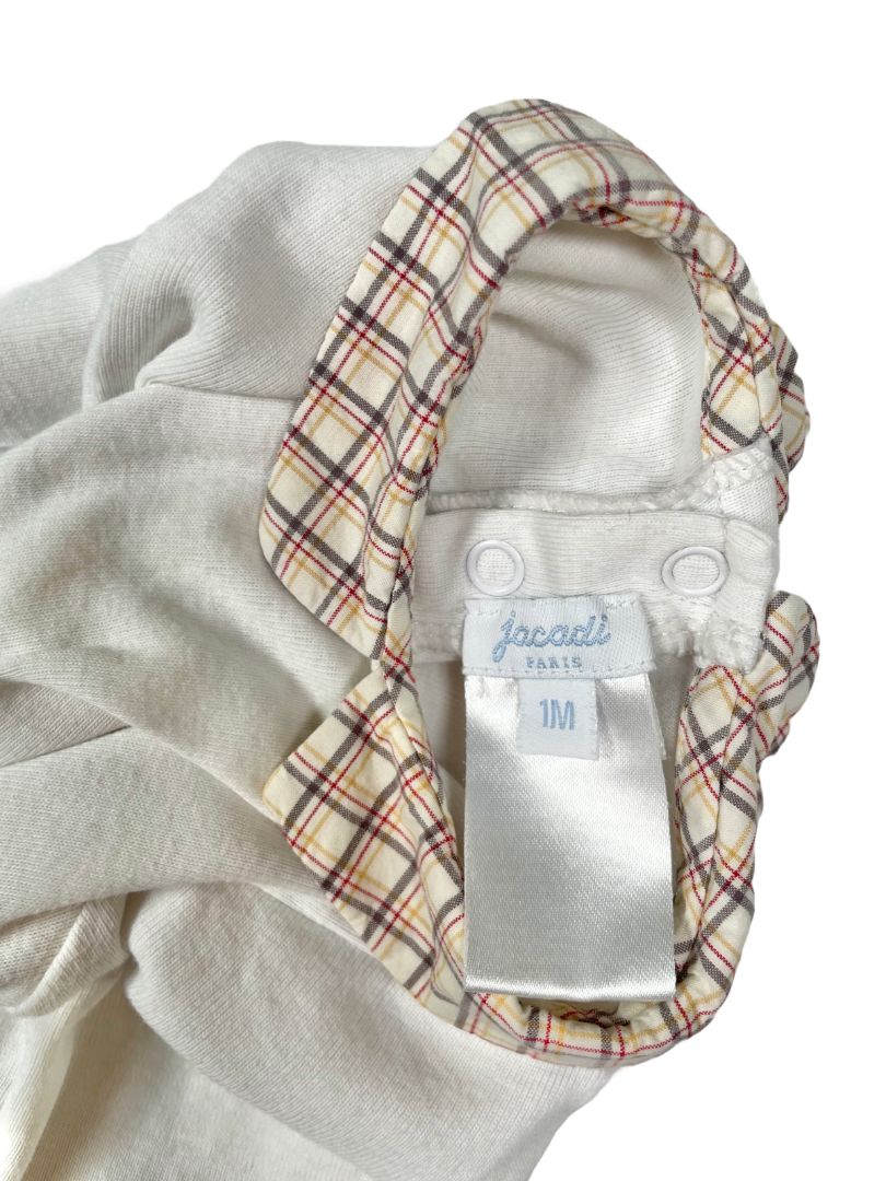 1 mo, Jacadi, White, Long-sleeve bodysuit w/ cream plaid collar