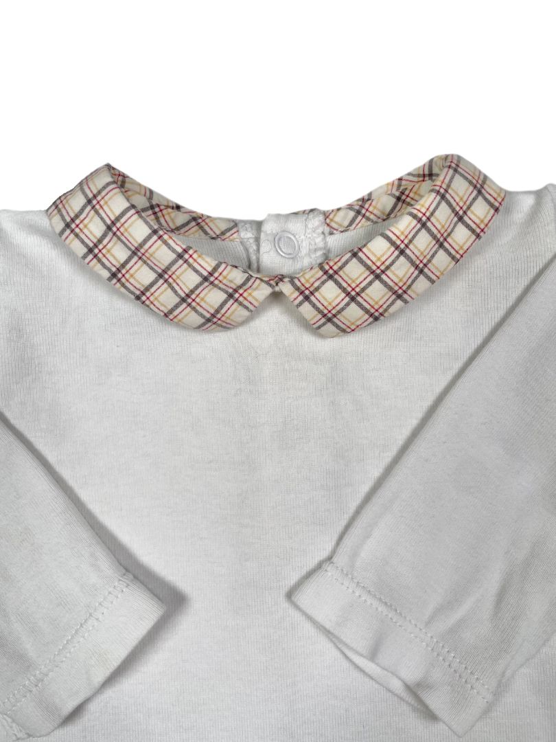 1 mo, Jacadi, White, Long-sleeve bodysuit w/ cream plaid collar