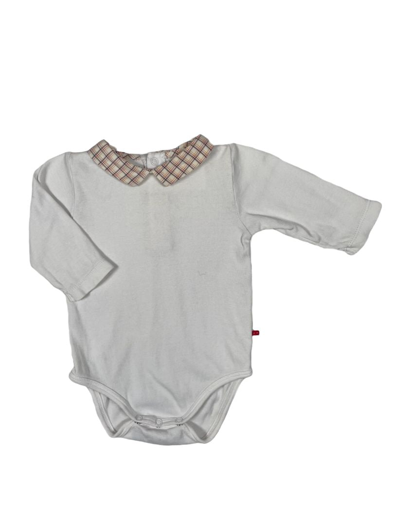 1 mo, Jacadi, White, Long-sleeve bodysuit w/ cream plaid collar