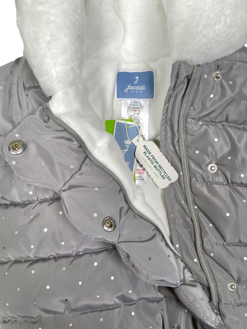 3 mo, Jacadi, Grey, NEW w/ tags - silver polka dot hooded snowsuit, cozy lining, fold-over mitts, scallop edge