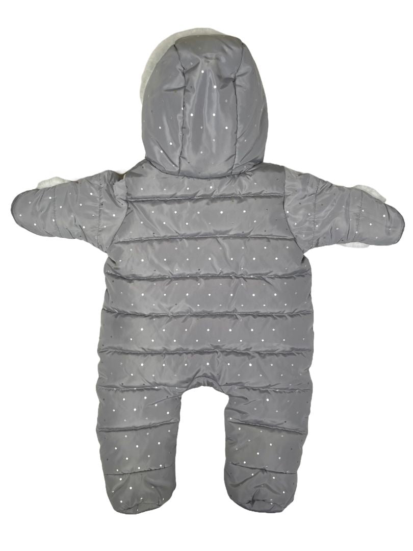 3 mo, Jacadi, Grey, NEW w/ tags - silver polka dot hooded snowsuit, cozy lining, fold-over mitts, scallop edge