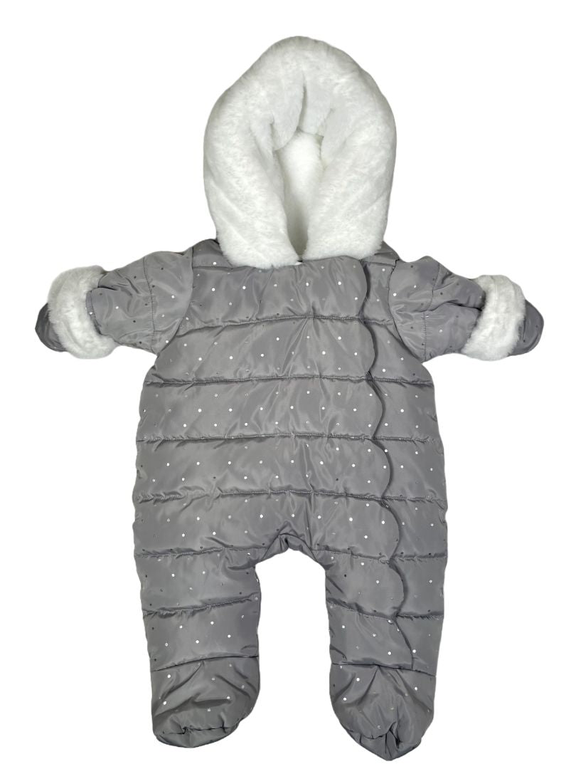 3 mo, Jacadi, Grey, NEW w/ tags - silver polka dot hooded snowsuit, cozy lining, fold-over mitts, scallop edge
