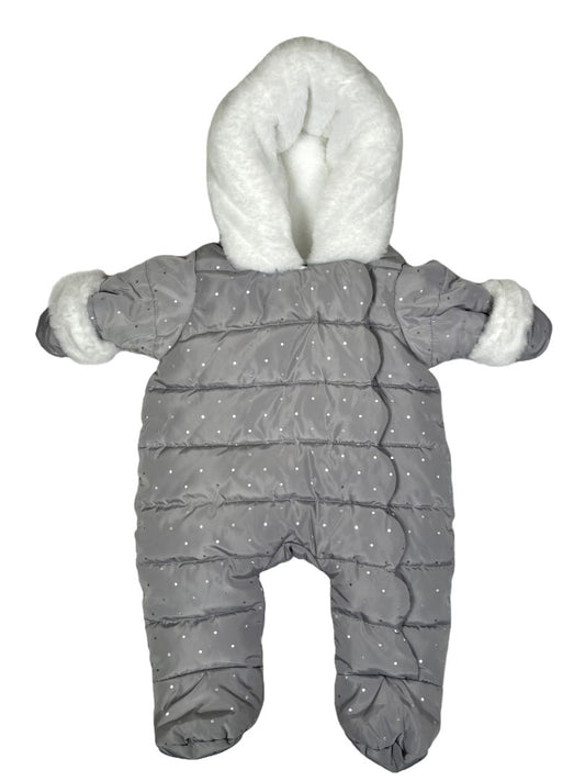 3 mo, Jacadi, Grey, NEW w/ tags - silver polka dot hooded snowsuit, cozy lining, fold-over mitts, scallop edge