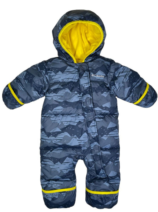 6-12 mo, Columbia, Blue, Infant Snuggly Bunny II down bunting, mountain print, yellow fleece lining