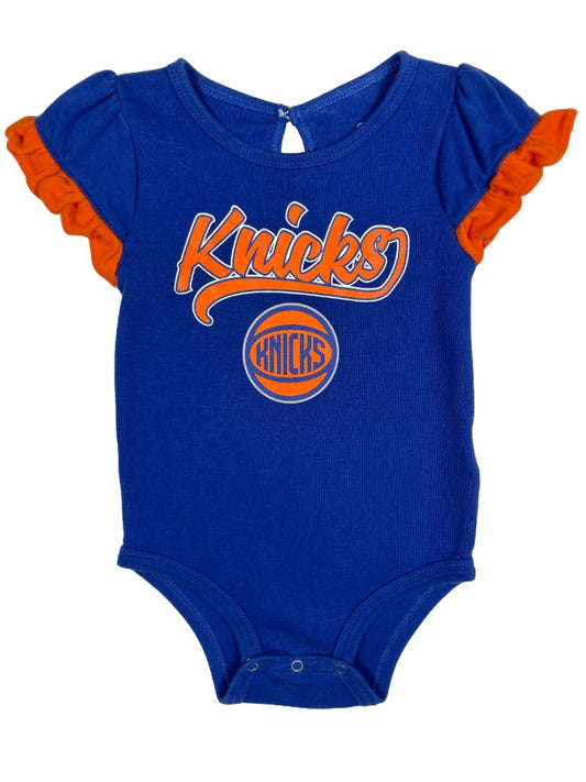 12 mo, NBA, Blue, NY Knicks short-sleeve bodysuit, orange ruffle sleeves