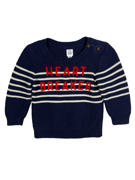 12-18 mo, babyGap, Blue, "Heart Breaker" fisherman knit sweater, white stripes