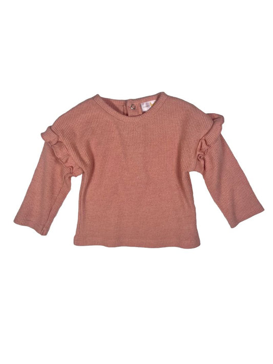 3-6 mo, Bloomie's Baby, Pink, Waffle-knit long-sleeve shirt w/ ruffles at shoulders